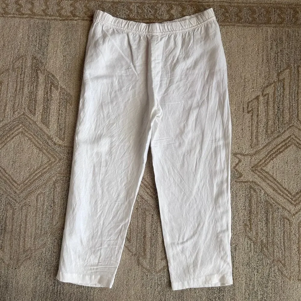 Wide Leg Pull On Tie Waste Linen Pants Pockets Lightweight Capsule White Women M